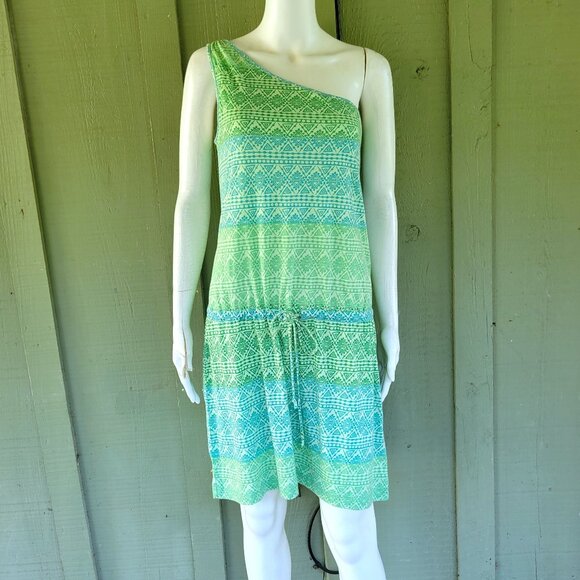 NWT GAP Green Aztec Print One Shoulder Jersey Dress Small S Drawstring - Picture 1 of 4